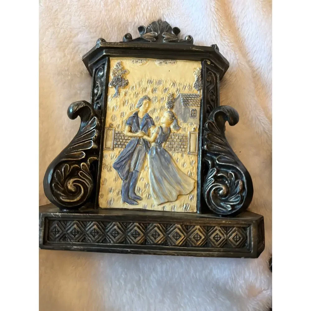 Ornate Victorian Style Desk Set 3pc Decor Courting Couple Relief Bookends Box